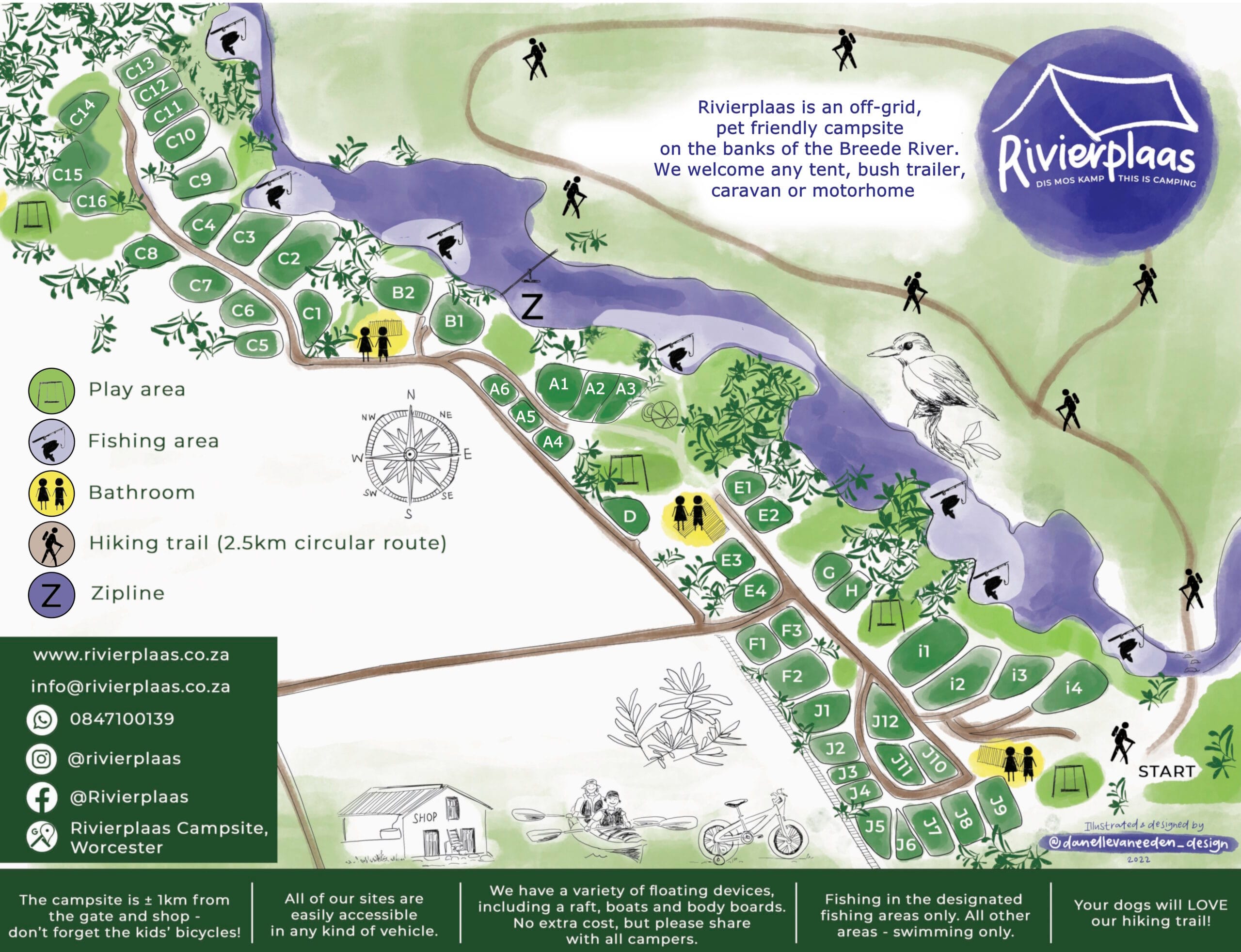 Watercolour painted map of campsite layout.