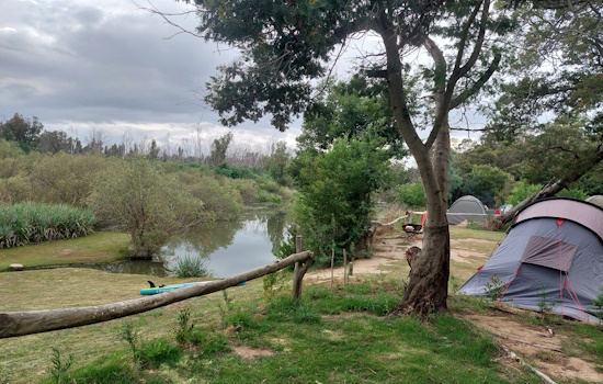 Tent on grassed site with pole fence and grass terrace with stand-up board at the river's edge.