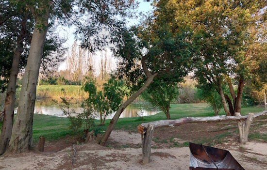 Braai drum in campsite, with pole fence between site and grass terrace, and river below.